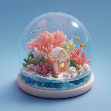 A miniature underwater world inside a clear dome featuring a tiny house surrounded by colorful coral reefs and fish