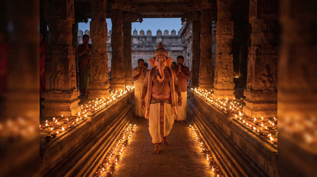 Realistic temple procession illustration with priest in dhoti walking through diya-lit corridor, Deepotsav festival spiritual background wallpaper