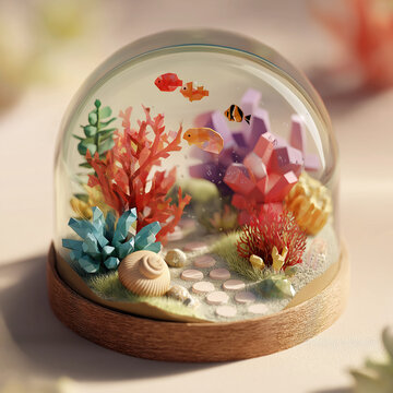 A decorative glass dome displays a miniature underwater scene with colorful coral, pebbles, and small geometric fish swimming peacefully