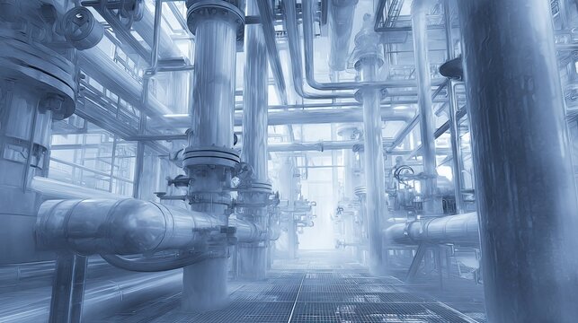 Complex industrial pipeline system forming a labyrinthine structure on multiple levels, with numerous pipes, valves, and connections handling liquid and gas flow for various energy processes