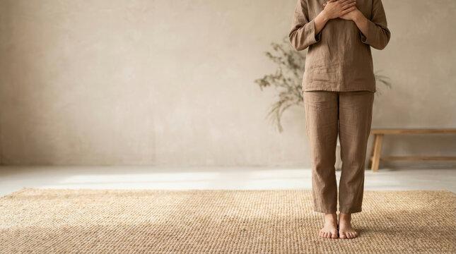 Mindfulness meditation wellness mental health lifestyle calm relaxation serene barefoot linen clothing person neutral room practicing mindfulness meditation for mental health wellness lifestyle
