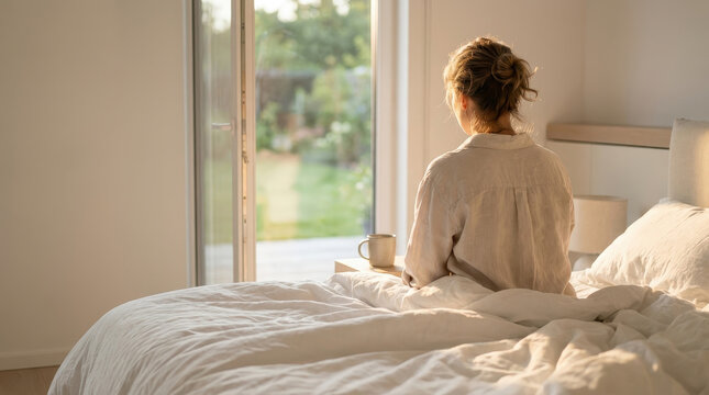 Woman bedroom morning sunlight window bed coffee relaxation mental health morning wellness lifestyle scene with woman sitting bed by window holding coffee soft sunlight calm home interior with