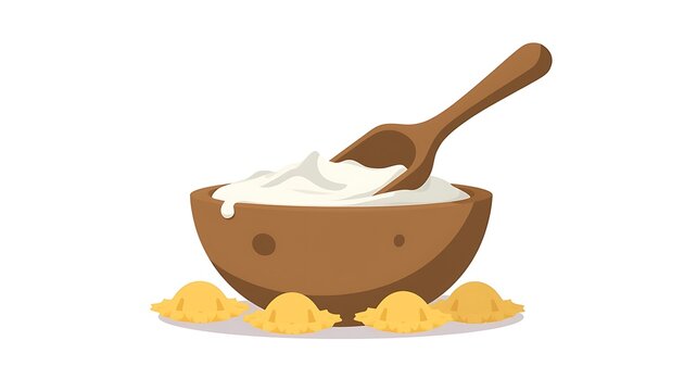 A wooden bowl filled with yogurt and a spoon next to corn puffs