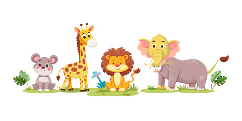 Fototapeta premium Cute Cartoon Jungle Safari Wild Animal Character Lion Elephant Giraffe Vector Illustration Isolated Set 