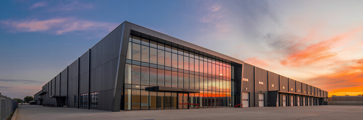 Obraz premium Wide angle shot of a large industrial warehouse building with glass facade at sunset time