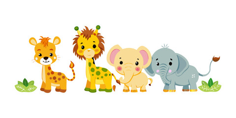 Naklejka premium Cute Cartoon Jungle Safari Wild Animal Character Lion Elephant Giraffe Vector Illustration Isolated Set 