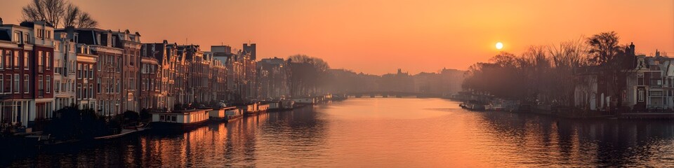 Naklejka premium Sunset paints canal with warm golden glow