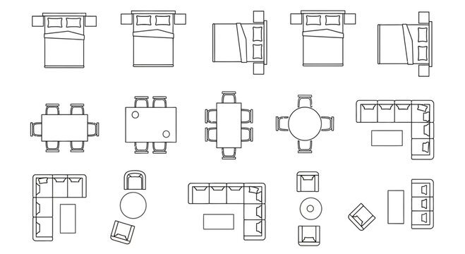 Top View Furniture Icons: Beds, Dining Tables, Sofas, Chairs, and Coffee Tables