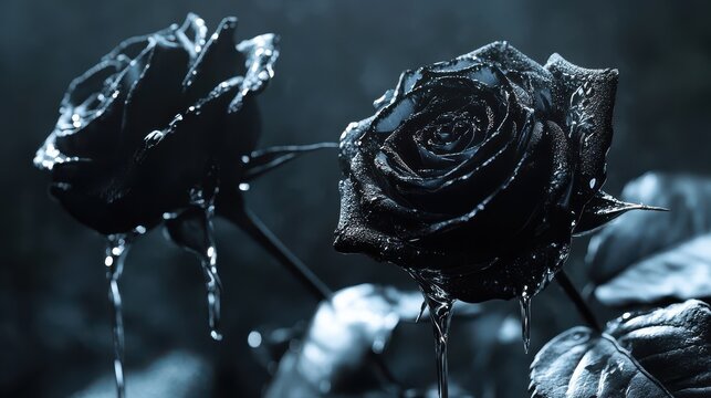 Two black roses stand in a dark space. Water drops cover the petals and leaves. Light reflects off the drops, creating a striking look. A moody atmosphere is present.