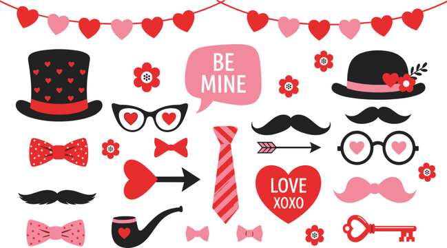 Valentine's Day photo booth props vector set featuring top hats, mustache, bow ties, heart glasses, arrows, love letters, key, and festive bunting for romantic celebration designs.