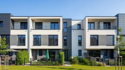 Fototapeta premium A modern apartment building with a well-manicured lawn and clear blue sky