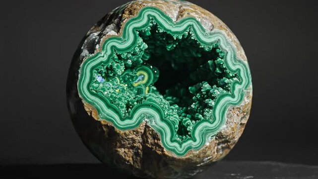 Inside of a rough malachite geode with crystal formations