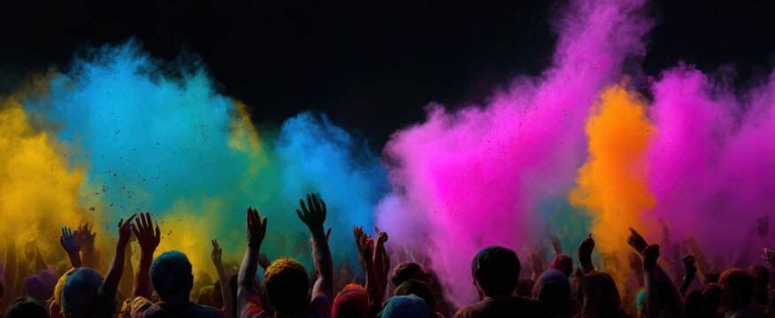 Vibrant holi celebration as joyful crowds toss colorful paint like confetti in the sky