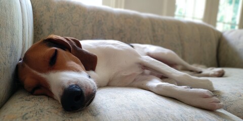Obraz premium Beagle dog sleeping peacefully on comfortable couch