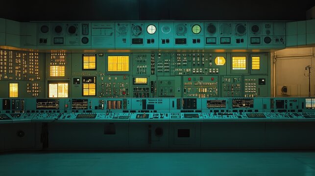 Control room features a retro interior with numerous illuminated screens, gauges, buttons, and switches, reflecting industrial monitoring, data processing, and complex system management