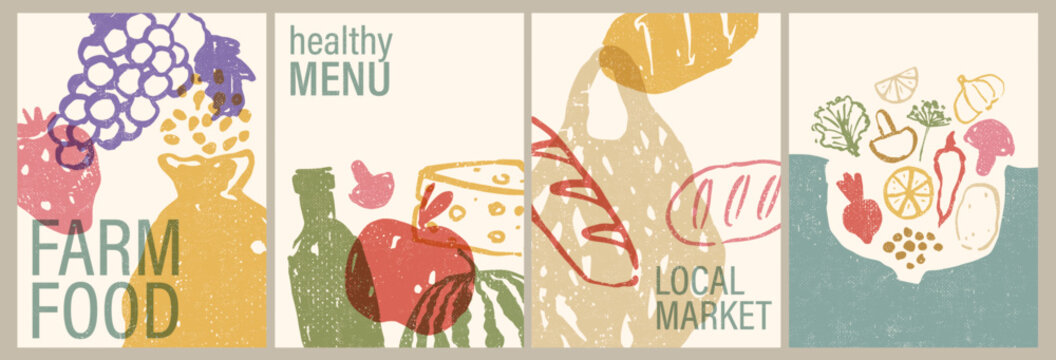 Set of hand drawn food icons. Vegetables, fruits, cheese, bread. Simple eco design. Vector menu, recipe, logo. Poster, card composition.   