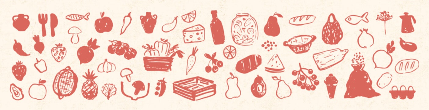 Set of hand drawn food icons. Vegetables, fruits, cheese, bread. Simple eco design. Vector menu, recipe, logo.   
