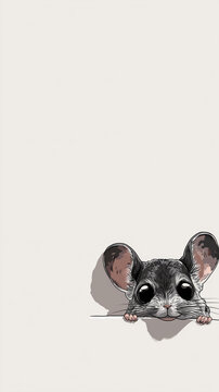 A cute small rodent with big ears peeks over a surface with a curious expression A cute mouse with big eyes peeking over a ledge