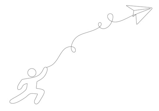 A one-line drawing of a person flying a paper airplane. An icon that shows a thriving business. One-line vector drawing