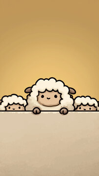 Three cute sheep peeking over a blank surface with a warm background Three cartoon sheep peeking over a blank sign with a warm background