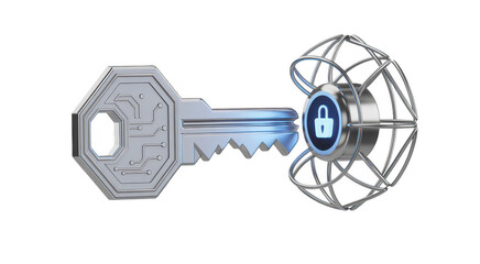 Obraz premium Silver digital key with circuit board texture approaching a glowing padlock inside a metal sphere isolated on a transparent background