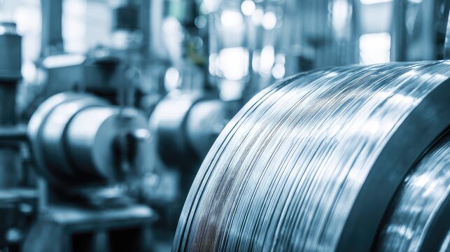 Steel coil production on a manufacturing machine inside a modern industrial factory, highlighting the continuous process of metal processing and engineering material creation
