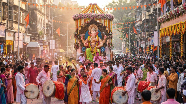 Ganesh Chaturthi public procession digital illustration of large Ganesha idol carried through crowded street with dhol drums flags and festive celebration energy background wallpaper