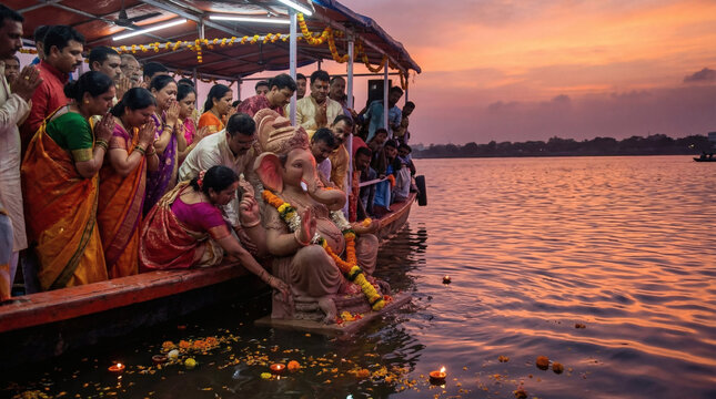 Ganesh Visarjan immersing Lord Ganesha statue in water symbolizing farewell devotion during Hindu festival in India background wallpaper