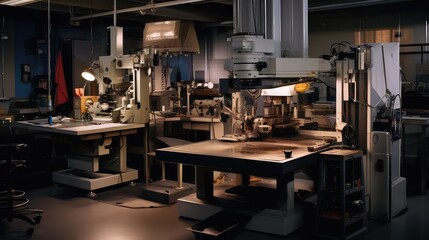 Fototapeta premium Industrial workshop interior presenting advanced manufacturing equipment and precision machinery, highlighting technology, engineering, and automation in a modern production or research environment