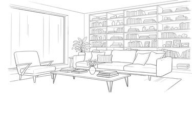 Obraz premium Modern living room interior with sofa armchair bookshelf and coffee table detailed line drawing cozy home design illustration