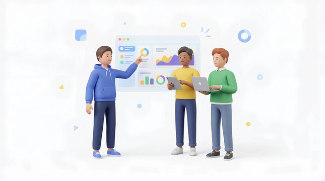 3D team collaborating with digital dashboard, analytics and software development concept