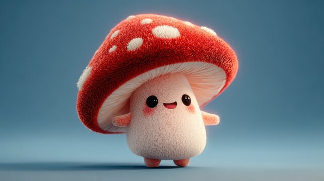 A small, friendly mushroom character hops around happily with a red cap and white spots in a bright blue background. It moves playfully while showing its cheerful expression.