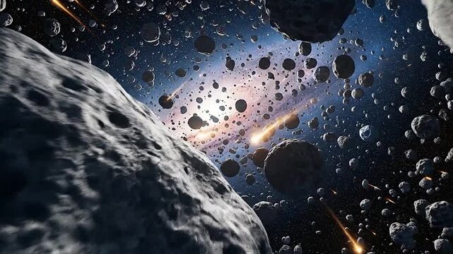 A dense field of rocky asteroids floating through deep outer space