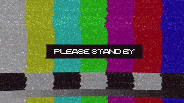 Please Stand By TV Screen with Snowy Static and Color Bars. 4K Video