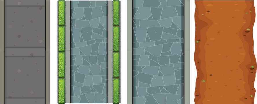 Isometric top down view of various pedestrian walkway surface materials vector