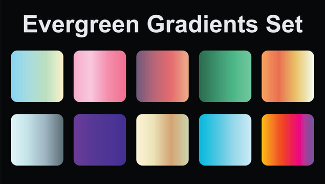 Evergreen gradient set with colorful abstract nature-inspired backgrounds, soft modern mesh color transitions, vibrant minimal square swatches, creative backdrop collection
