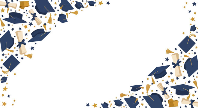 Celebratory graduation frame border with caps and confetti in dark blue and gold hues on a decorative graduation day scene with joyful achievement viewpoint