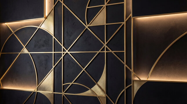 Intricate geometric pattern with gold lines and soft ambient lighting on a dark background.