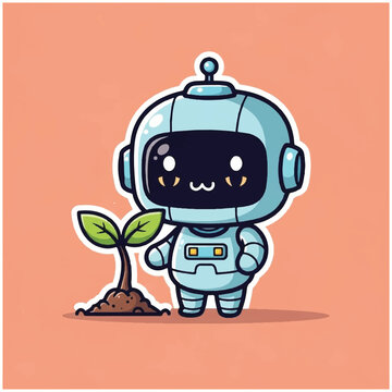 Robot standing next to a seedling.