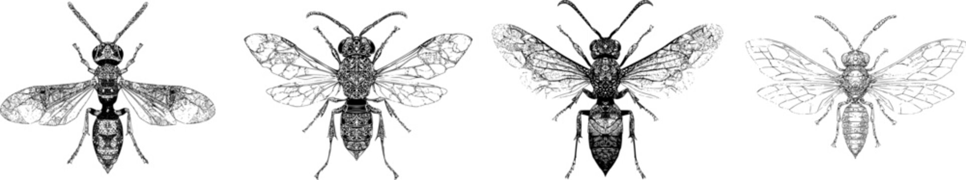 The intricate fig wasp illustration showcases a detailed, symmetrical design with sharp black ink outlines against a solid white background, featuring clear boundaries in a monochrome coloring book