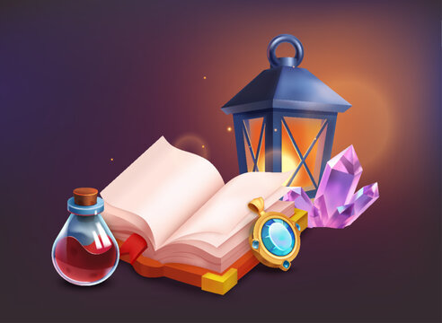 Magic Book with Lantern and Potion Fantasy Illustration