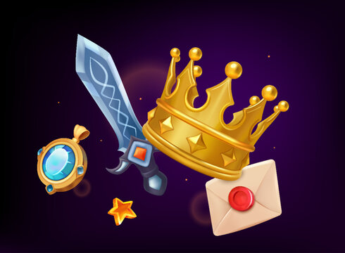 Fantasy Game Items with Sword, Crown and Magic Objects