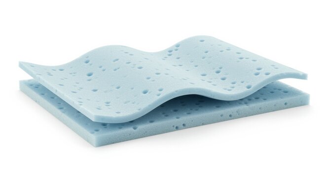 Thin wavy layer of gel-infused memory foam shown as thick blue slab with lifted contour edge