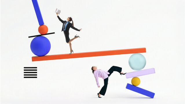Businesswoman balancing on abstract structure with geometric elements representing risk and control. Concept of leadership pressure, decision making and maintaining stability in complex situations