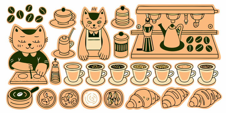 Whimsical illustration of coffee cats and baked goods in warm tones