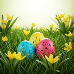 Fototapeta premium Vibrant speckled Easter eggs hidden amongst lush green spring grass and yellow blooming flowers, symbolizing celebration and rebirth, spring, easter, macro