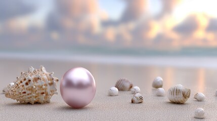 Fototapeta premium Pink pearl rests in oyster on beach with sunset sky, showcasing beauty of summer sea landscape and shells