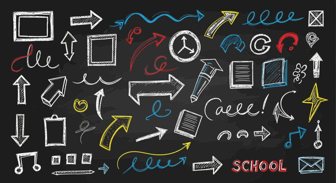 Chalkboard doodles: arrows, shapes, school supplies, and handwritten text on world map background