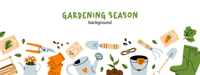 Fototapeta premium Vector gardening season horizontal background banner with cute tools and plants border. Seed packets, pruner, watering can, shovel, seeds. Trendy poster with copy space with gardening season text.