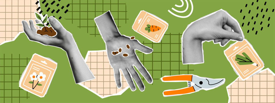 Vector abstract gardening collage with halftone hands holding sprout, pouring seeds, seed packet, pruners. Trendy planting, growth and garden work illustration. Farming and agriculture background.